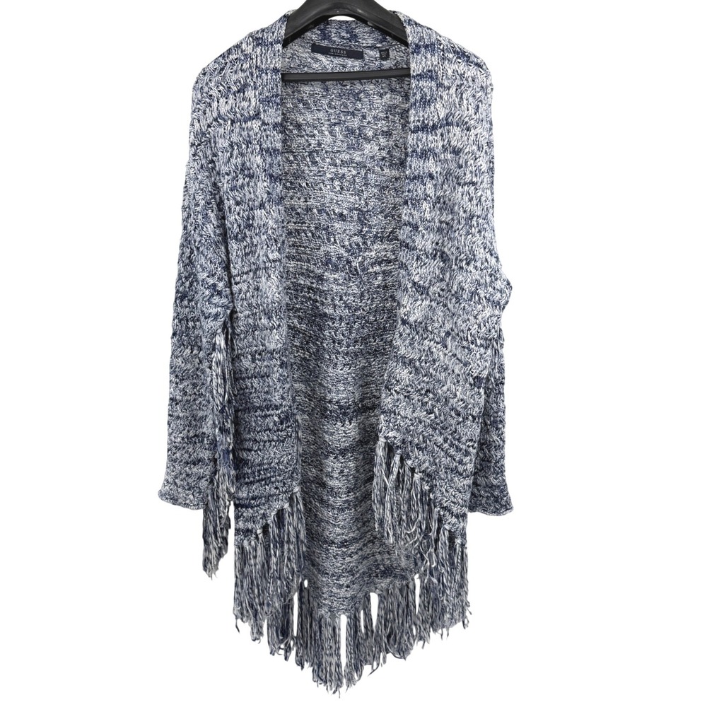 Guess Fringe Crochet Cardigan Medium Blue White Marled Boho Western Hippie Indie